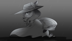 Size: 2000x1143 | Tagged: safe, artist:ncmares, rarity, g4, rarity investigates, clothes, detective, female, looking at you, monochrome, noir, rain, solo