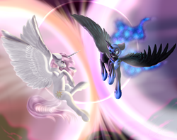 Size: 6840x5400 | Tagged: safe, artist:crazyaniknowit, nightmare moon, princess celestia, lullaby for a princess, g4, absurd resolution, fight, fluffy, flying, gritted teeth, redraw
