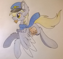 Size: 1465x1358 | Tagged: safe, artist:cutepencilcase, derpy hooves, pegasus, pony, g4, clothes, ear fluff, female, flying, mailbag, mailmare, mare, mouth hold, muffin, scarf, simple background, solo, traditional art
