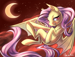 Size: 850x654 | Tagged: safe, artist:moenkin, fluttershy, bat pony, pony, g4, female, flutterbat, moon, redraw, solo