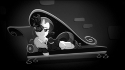 Size: 1920x1080 | Tagged: safe, screencap, rarity, pony, unicorn, g4, rarity investigates, black and white, detective, detective rarity, fainting couch, grayscale, solo