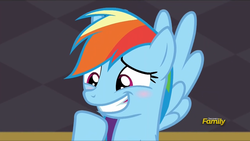 Size: 1044x588 | Tagged: safe, screencap, rainbow dash, pegasus, pony, g4, rarity investigates, blushing, cute, dashabetes, discovery family logo, female, mare, neckwings, smiling, solo, spread wings, wings
