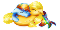 Size: 679x345 | Tagged: safe, artist:death-is-death, applejack, rainbow dash, earth pony, pegasus, pony, g4, cuddling, eyes closed, female, lesbian, prone, ship:appledash, shipping, simple background, snuggling, transparent background