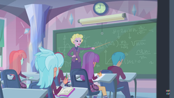Size: 1366x768 | Tagged: safe, screencap, carlos thunderbolt, frosty orange, ginger owlseye, melon mint, mrs. shade, pepper twist, equestria girls, friendship games, g4, background human, chalkboard, classroom, clothes, crystal prep academy, crystal prep academy students, crystal prep academy uniform, female, male, school uniform, teacher, what more is out there