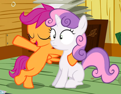 Size: 594x461 | Tagged: safe, screencap, scootaloo, sweetie belle, pegasus, pony, unicorn, g4, sleepless in ponyville, bipedal, cropped, duo, duo female, eyes closed, female, filly, open mouth, raised hoof