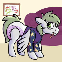 Size: 900x900 | Tagged: safe, artist:popsicles, oc, oc only, oc:neon lightning, backwards thermometer, clothes, diaper, non-baby in diaper, poofy diaper, sick, solo, thermometer