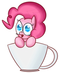 Size: 1280x1594 | Tagged: safe, artist:mr-degration, pinkie pie, earth pony, pony, g4, blushing, cup, cup of pony, female, micro, simple background, solo, tiny ponies, transparent background