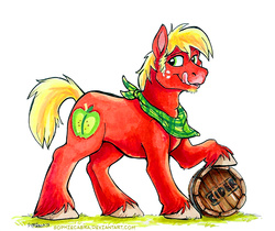 Size: 950x798 | Tagged: safe, artist:spainfischer, big macintosh, earth pony, pony, g4, apple cider, barrel, cider, clothes, grass, male, open mouth, scarf, signature, simple background, solo, stallion, tongue out, traditional art