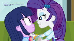 Size: 1280x715 | Tagged: safe, edit, edited screencap, screencap, rarity, twilight sparkle, equestria girls, g4, my little pony equestria girls: rainbow rocks, lip bite, meme, out of context, rarity's bad pickup lines, stranger danger