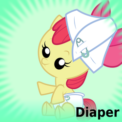 Size: 1024x1024 | Tagged: safe, artist:joey, derpibooru exclusive, apple bloom, earth pony, pony, derpibooru, g4, baby, baby apple bloom, baby pony, diaper, female, filly, meta, official spoiler image, solo, spoilered image joke, younger