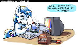 Size: 1152x712 | Tagged: safe, artist:gsphere, shining armor, pony, unicorn, g4, computer, electronics, male, pliers, shining armor does something i also did today, soldering iron, solo, stallion, tape recorder, television