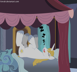Size: 925x864 | Tagged: safe, artist:kinrah, prince blueblood, pony, unicorn, g4, bed, bedroom, legs in air, male, on back, silly, silly pony, sleeping, snoring, solo, stallion, zzz