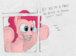 Size: 2909x2158 | Tagged: artist needed, safe, pinkie pie, fairy, pony, bronycon, bronycon 2015, g4, abandoned, dude let me in, female, high res, meme, nightmare fuel, ponified, scary face, seems legit, solo, teeth, underhoof