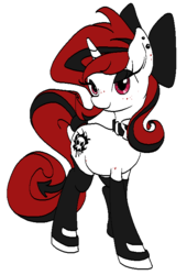 Size: 489x721 | Tagged: safe, artist:gezawatt, oc, oc only, oc:lilith, pony, succubus, unicorn, bedroom eyes, boots, bow, clothes, collar, colored, cutie mark, digital art, earring, eyeshadow, female, freckles, gloves, hair bow, latex, leggings, looking at you, makeup, mare, piercing, pixel art, plump, ribbon, socks, solo, stockings, tail, thigh highs