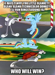 Size: 540x737 | Tagged: safe, rainbow dash, g4, bugs bunny, crossover, image macro, looney tunes, male, meme, race