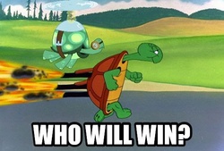 Size: 540x364 | Tagged: safe, tank, tortoise, g4, cecil turtle, crossover, image macro, looney tunes, meme, race