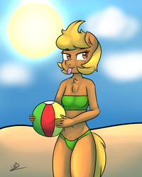 Size: 1024x1280 | Tagged: safe, artist:wolfy-pony, oc, oc only, oc:beach ball, anthro, anthro oc, beach ball, bikini, chest fluff, clothes, solo, swimsuit, tongue out