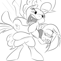 Size: 700x700 | Tagged: safe, artist:[redacted], pinkie pie, rainbow dash, pony, g4, bipedal, drawthread, exclamation point, monochrome, open mouth, scared, wrestling