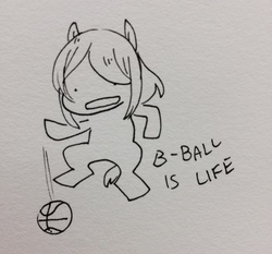 Size: 2448x2284 | Tagged: safe, artist:glacierclear, basketball, dialogue, drawthread, high res, monochrome, open mouth, solo, traditional art