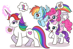 Size: 1024x689 | Tagged: safe, artist:kongyi, pinkie pie, rainbow dash, rarity, earth pony, pegasus, pony, unicorn, g4, cookie, crossover, inside out, levitation, magic, pixar, ponified, rainbow unicorn, sweatdrop, telekinesis