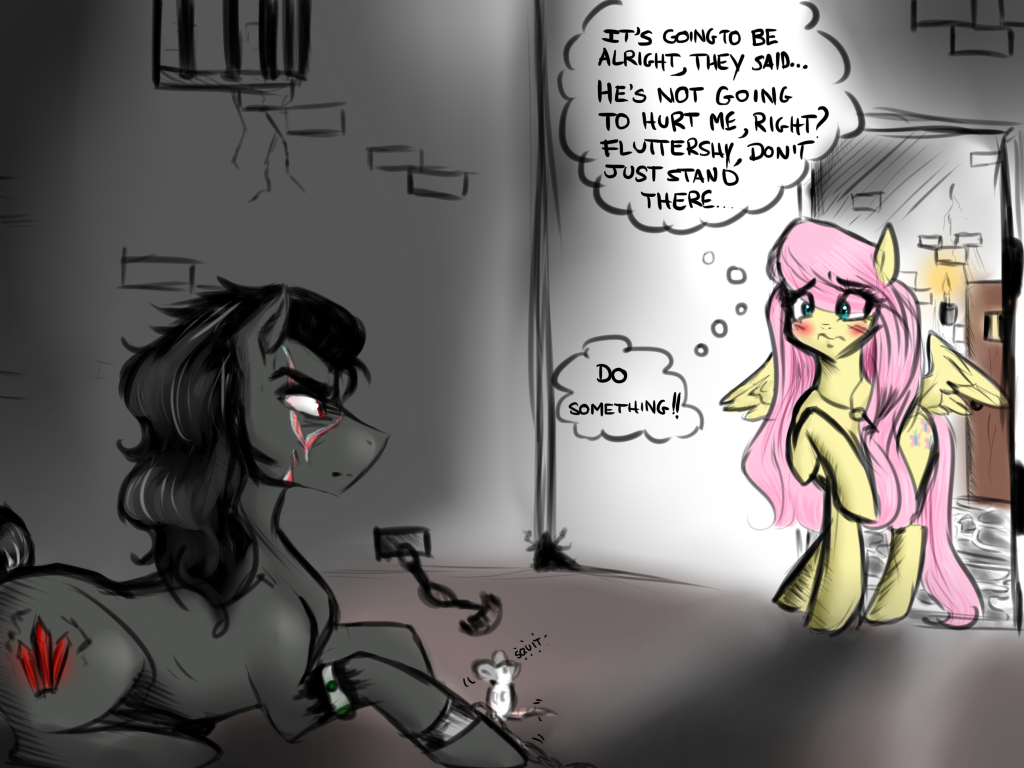 971201 - safe, artist:wonderdania, fluttershy, king sombra, mouse, pony,  g4, blushing, dialogue, dungeon, frown, key, necklace, nervous, prone,  raised hoof, scar, shackles, shy, spread wings - Derpibooru