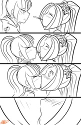 Size: 3369x5200 | Tagged: safe, artist:xxxsketchbookxxx, aria blaze, sonata dusk, equestria girls, g4, comic, female, kissing, lesbian, monochrome, partial color, pocky, pocky game, sharing food, ship:arisona, shipping