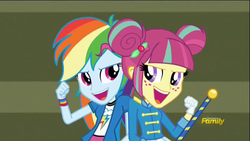 Size: 1280x720 | Tagged: safe, edit, screencap, majorette, rainbow dash, sour sweet, sweeten sour, equestria girls, g4, my little pony equestria girls: friendship games, baton, chs rally song, sweetly and sourly