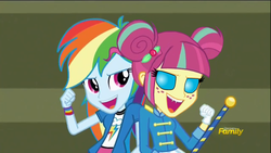 Size: 1280x720 | Tagged: safe, edit, edited screencap, screencap, majorette, rainbow dash, sour sweet, sweeten sour, changeling, equestria girls, g4, my little pony equestria girls: friendship games, baton