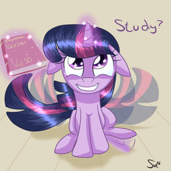 Size: 1024x1024 | Tagged: safe, artist:sintakhra, twilight sparkle, pony, g4, book, cute, female, floppy ears, solo, studying, tail wag, telekinesis, twiabetes