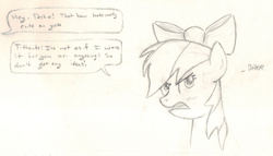 Size: 2513x1440 | Tagged: safe, artist:chronicle23, rainbow dash, g4, baka, blushing, bow, dialogue, female, hair bow, implied anon, monochrome, offscreen character, portrait, solo, speech bubble, traditional art, tsundere