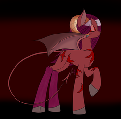 Size: 2000x1956 | Tagged: safe, artist:rubi, oc, oc only, dracony, hybrid, pony, succubus, cloven hooves, eyes closed, fluffy, horns, raised hoof, smiling, solo, spaded tail, spread wings
