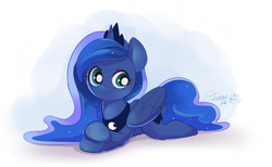 Size: 850x524 | Tagged: safe, artist:ende26, princess luna, alicorn, pony, g4, cute, female, looking at you, lunabetes, mare, prone, smiling, solo