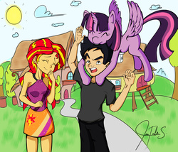 Size: 3500x3000 | Tagged: safe, artist:christula092, sunset shimmer, twilight sparkle, oc, oc:christula, human, g4, date, high res, humanized, humanized oc, laughing, self insert, twilight sparkle (alicorn)