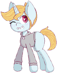 Size: 225x286 | Tagged: safe, artist:matteglaze, oc, oc only, oc:painted smiles, pony, unicorn, animated, barely animated, bouncing, braces, clothes, heart, heart eyes, hoodie, pixel art, simple background, solo, transparent background, wingding eyes, wink