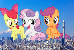 Size: 3000x2000 | Tagged: safe, artist:masem, artist:newlunaticrepublic, artist:theotterpony, apple bloom, scootaloo, sweetie belle, pony, g4, building, city, cute, cutie mark crusaders, giant pony, giantess, growth, high res, highrise ponies, irl, japan, jokes in the comments, looking at each other, looking down, macro, mountain, open mouth, photo, ponies in real life, raised hoof, sitting, sky, skyscraper, this will end in death, this will end in tears, this will end in tears and/or death, tokyo
