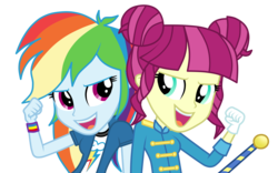 Size: 5039x3150 | Tagged: safe, artist:mixiepie, majorette, rainbow dash, sweeten sour, equestria girls, g4, my little pony equestria girls: friendship games, background human, baton, canterlot high, chs rally song, clothes, duo, fist pump, gloves, high res, open mouth, paint tool sai, school spirit, simple background, transparent background, upper body, vector, wondercolts, wristband
