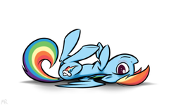 Size: 2000x1200 | Tagged: safe, artist:flamethegamer, rainbow dash, pegasus, pony, g4, blushing, female, on back, simple background, solo, white background