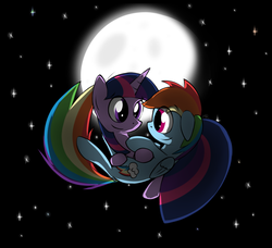 Size: 2300x2100 | Tagged: dead source, safe, artist:flamethegamer, rainbow dash, twilight sparkle, g4, female, high res, lesbian, looking at each other, moon, night, ship:twidash, shipping