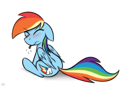 Size: 1800x1250 | Tagged: safe, artist:flamethegamer, rainbow dash, g4, :p, blushing, cute, embarrassed, eyes closed, female, floppy ears, raspberry, simple background, sitting, solo, tongue out, white background
