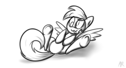 Size: 2200x1200 | Tagged: safe, artist:flamethegamer, derpy hooves, pegasus, pony, g4, female, mare, monochrome, on back, simple background, solo, white background