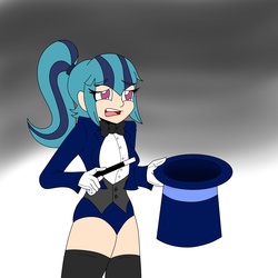 Size: 1999x1999 | Tagged: safe, artist:allengutairhero, sonata dusk, equestria girls, g4, clothes, female, hat, humanized, leotard, magician, socks, solo, thigh highs, top hat, wand