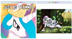 Size: 2027x1106 | Tagged: safe, artist:rainihorn, princess celestia, silver spoon, sweetie belle, derpibooru, g4, exploitable meme, female, just as planned, juxtaposition, juxtaposition win, lesbian, meme, meta, ship:silverbelle, shipping