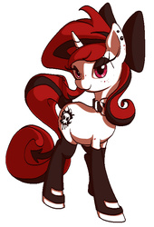 Size: 489x721 | Tagged: safe, artist:gezawatt, artist:shydale edits, edit, oc, oc only, oc:lilith, pony, succubus, unicorn, bedroom eyes, boots, clothes, collar, colored, cutie mark, digital art, earring, eyeshadow, female, freckles, gloves, latex, leggings, looking at you, makeup, mare, piercing, plump, ribbon, shading, socks, solo, stockings, tail, thigh highs