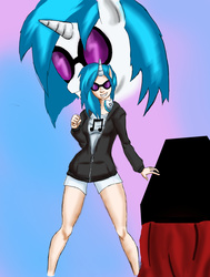 Size: 2355x3120 | Tagged: safe, artist:kerodash, dj pon-3, vinyl scratch, human, g4, clothes, eared humanization, female, headphones, high res, hoodie, horn, horned humanization, humanized, looking at you, smiling, solo