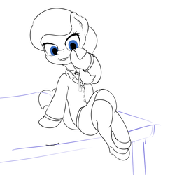 Size: 1200x1200 | Tagged: safe, artist:klemm, diamond tiara, earth pony, semi-anthro, g4, clothes, female, grin, shoes, sketch, solo, table