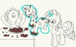 Size: 3481x2175 | Tagged: safe, artist:seenty, pinkie pie, rarity, sweetie belle, g4, angry, cake, destruction, high res