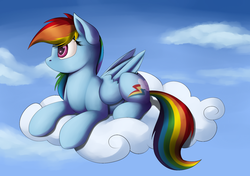 Size: 1280x900 | Tagged: safe, artist:ac-whiteraven, rainbow dash, pegasus, pony, g4, cloud, cloudy, female, mare, prone, sky, solo
