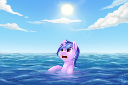 Size: 3600x2400 | Tagged: safe, artist:nebula210, sea swirl, seafoam, pony, g4, female, high res, lens flare, looking up, ocean, open mouth, solo, swimming, water, wet