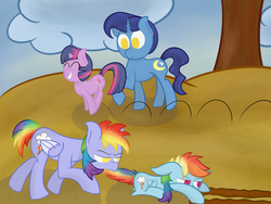 Size: 2000x1500 | Tagged: safe, artist:vengefulstrudel, night light, rainbow blaze, rainbow dash, twilight sparkle, pegasus, pony, unicorn, g4, alternate universe, annoyed, dragging, eyes closed, father and child, father and daughter, female, filly, filly rainbow dash, filly twilight sparkle, frown, good parenting, grin, happy, male, newbie artist training grounds, prone, pronking, rainbow dash is not amused, tail pull, that pony sure does love studies, unamused, unicorn twilight, younger