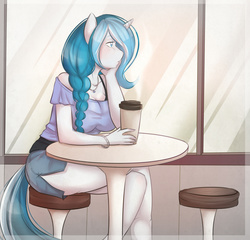 Size: 3000x2875 | Tagged: safe, artist:askbubblelee, oc, oc only, oc:bubble lee, unicorn, anthro, anthro oc, big breasts, bra, breasts, cafe, cleavage, clothes, coffee, coffee cup, crossed legs, cup, female, high res, horn, legs, mare, skirt, solo, table, unicorn oc